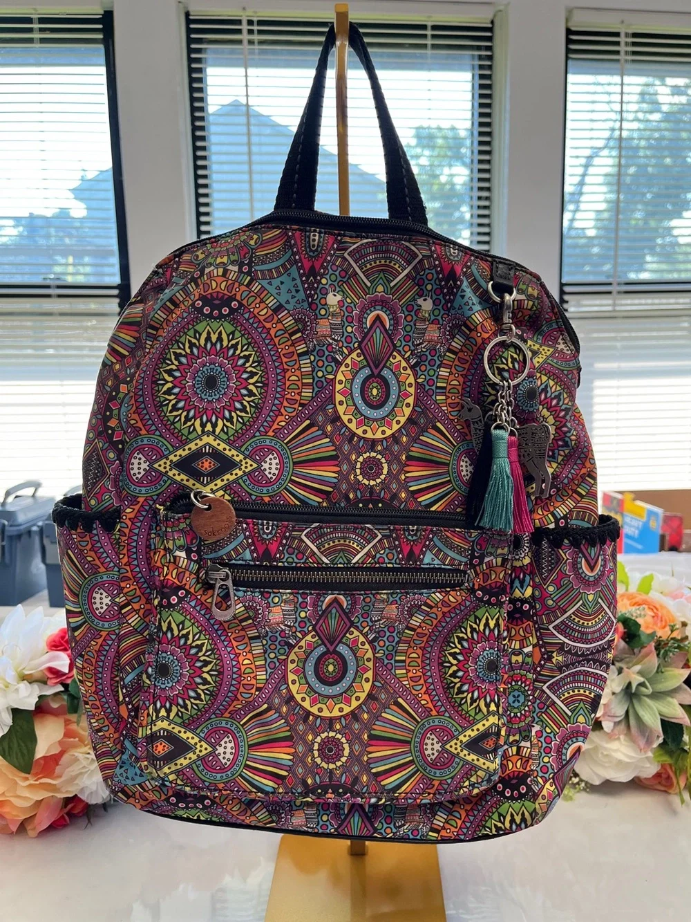 Sakroots Colorful Mandala Print Backpack Travel Daypack Llama Charm
